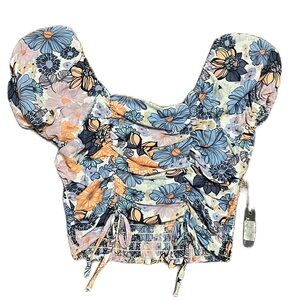 3RD + MALT Floral Print Crop Top, Tie in two places up front, Size Large